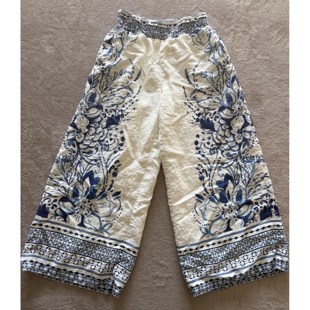 Anthropologie White Cropped Wide-Leg Pants with Blue Floral Print